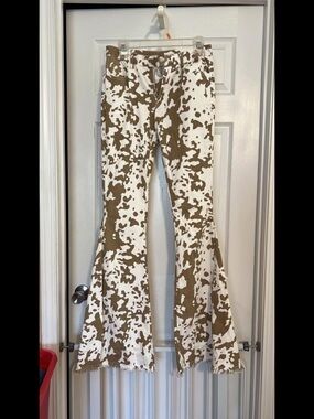 Brown & White Cowprint Flare Pants - High-Rise Statement